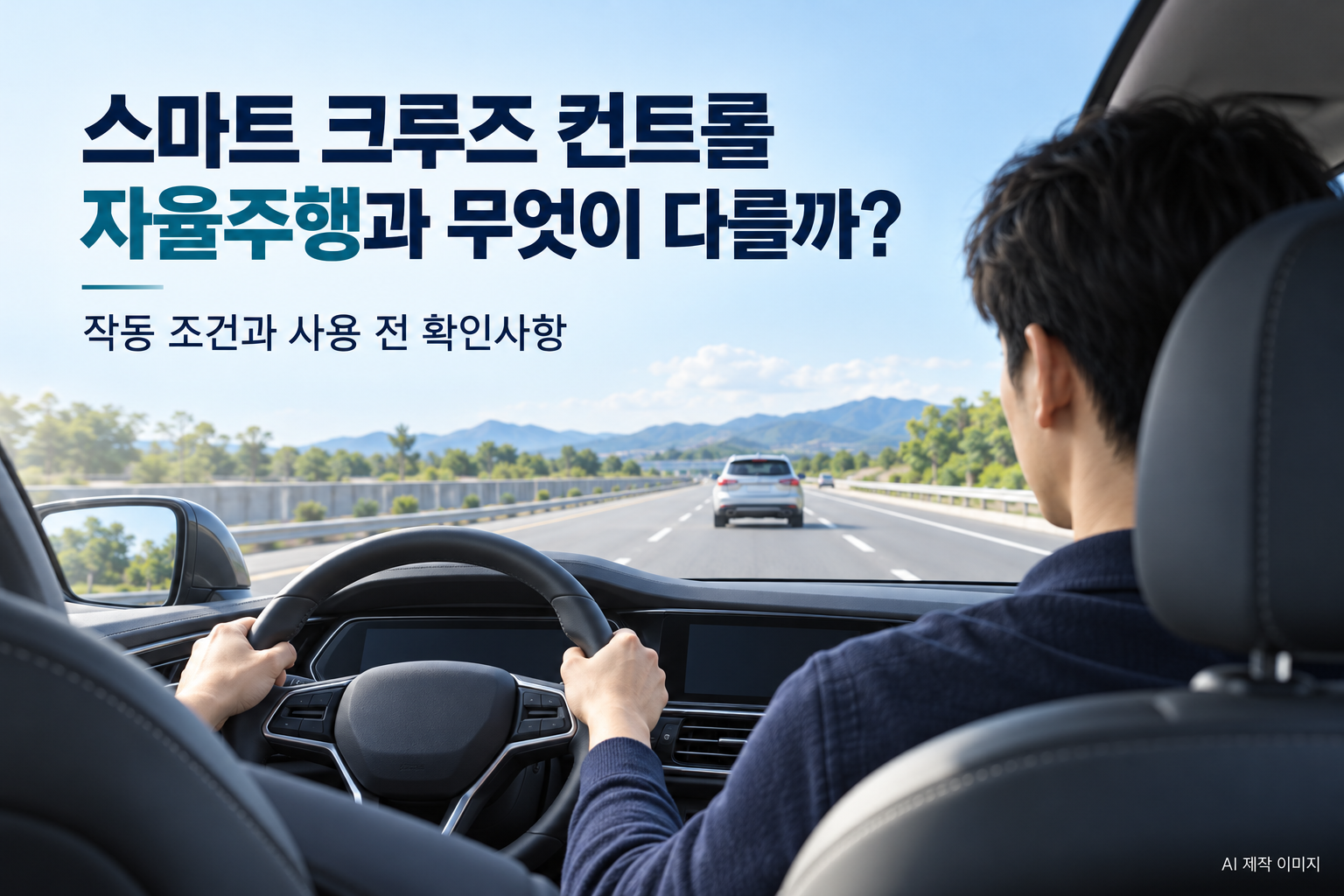 스마트 크루즈 컨트롤의 역할을 설명하기 위해 운전자가 운전대를 잡고 앞차를 주시하는 모습