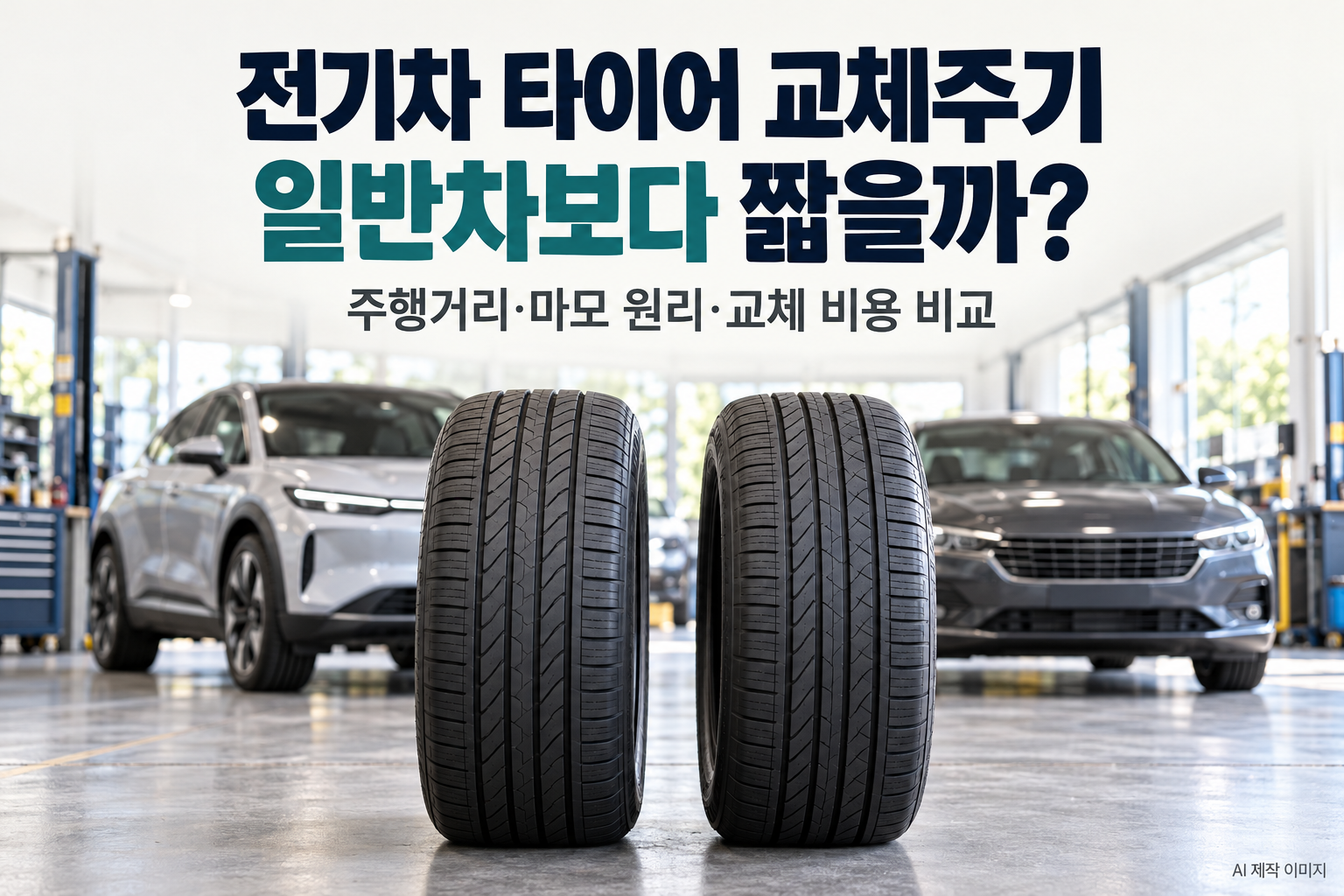 전기차 타이어 교체주기와 일반차의 차이를 설명하기 위해 차량과 타이어를 나란히 배치한 모습