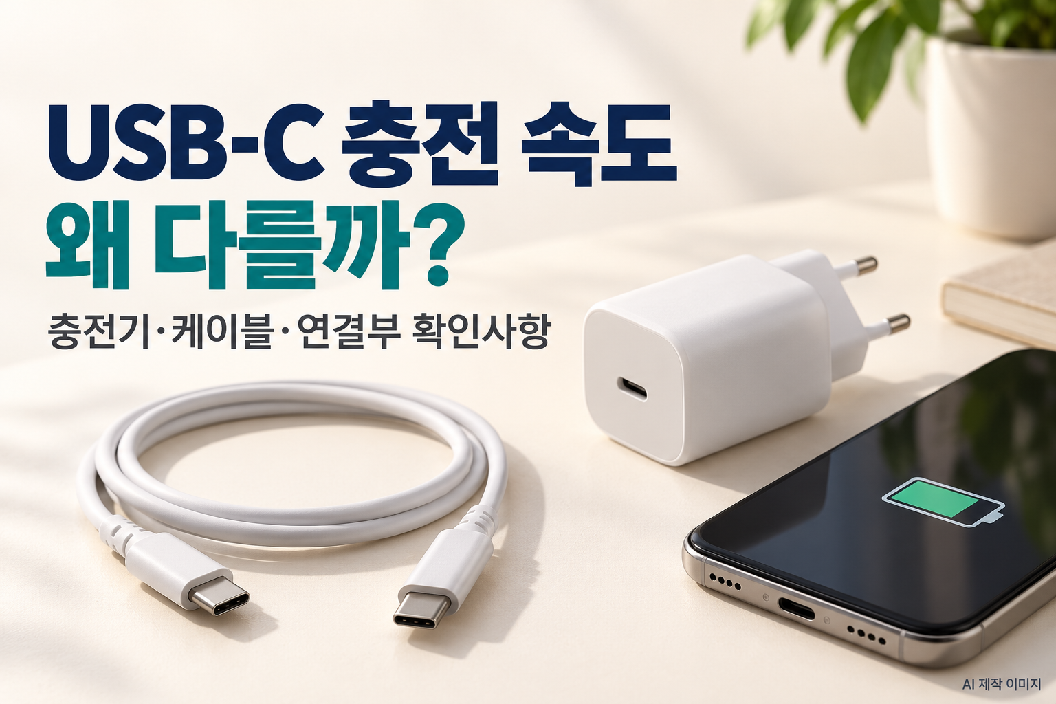USB-C 충전 속도에 영향을 주는 충전기와 케이블, 스마트폰 연결부를 보여주는 이미지