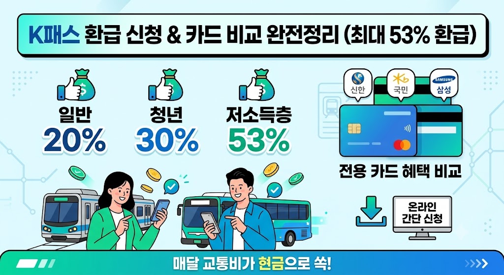 K패스 환급 신청 방법 및 계층별 환급 비율 요약 (청년 저소득층 포함) 대중교통비 카드 비교 안내