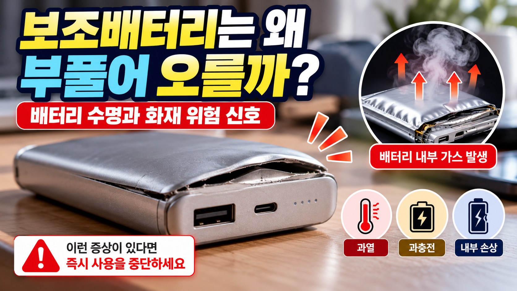 보조배터리 부풀어 오름 현상과 내부 가스 발생 원인, 과열 및 화재 위험 신호