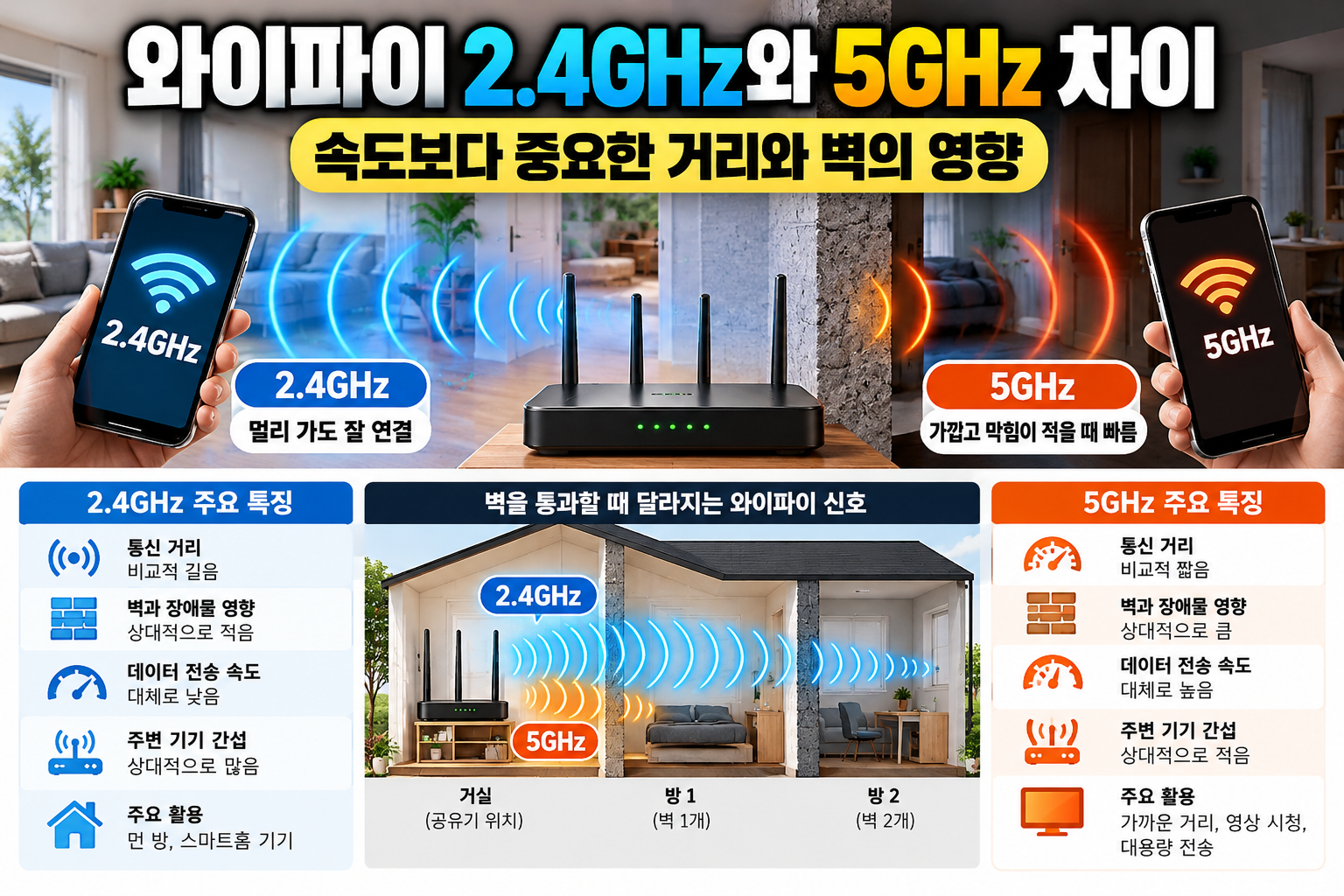 와이파이 2.4GHz 5GHz 차이와 통신 거리, 벽 통과 시 신호 세기 및 인터넷 속도 비교