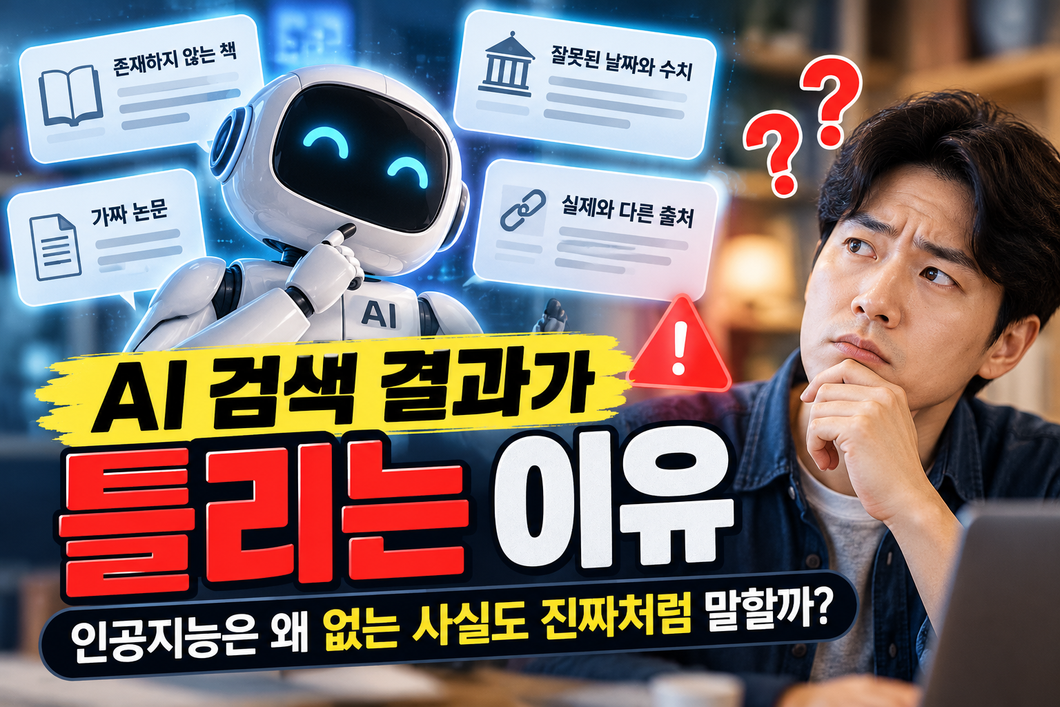 AI 환각 현상으로 검색 결과에 가짜 논문과 잘못된 정보가 나타나는 이유를 설명하는 이미지