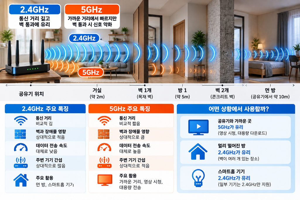 와이파이 2.4GHz 5GHz 차이와 공유기에서 멀어질 때 벽과 장애물에 따른 신호 세기 및 통신 거리 비교