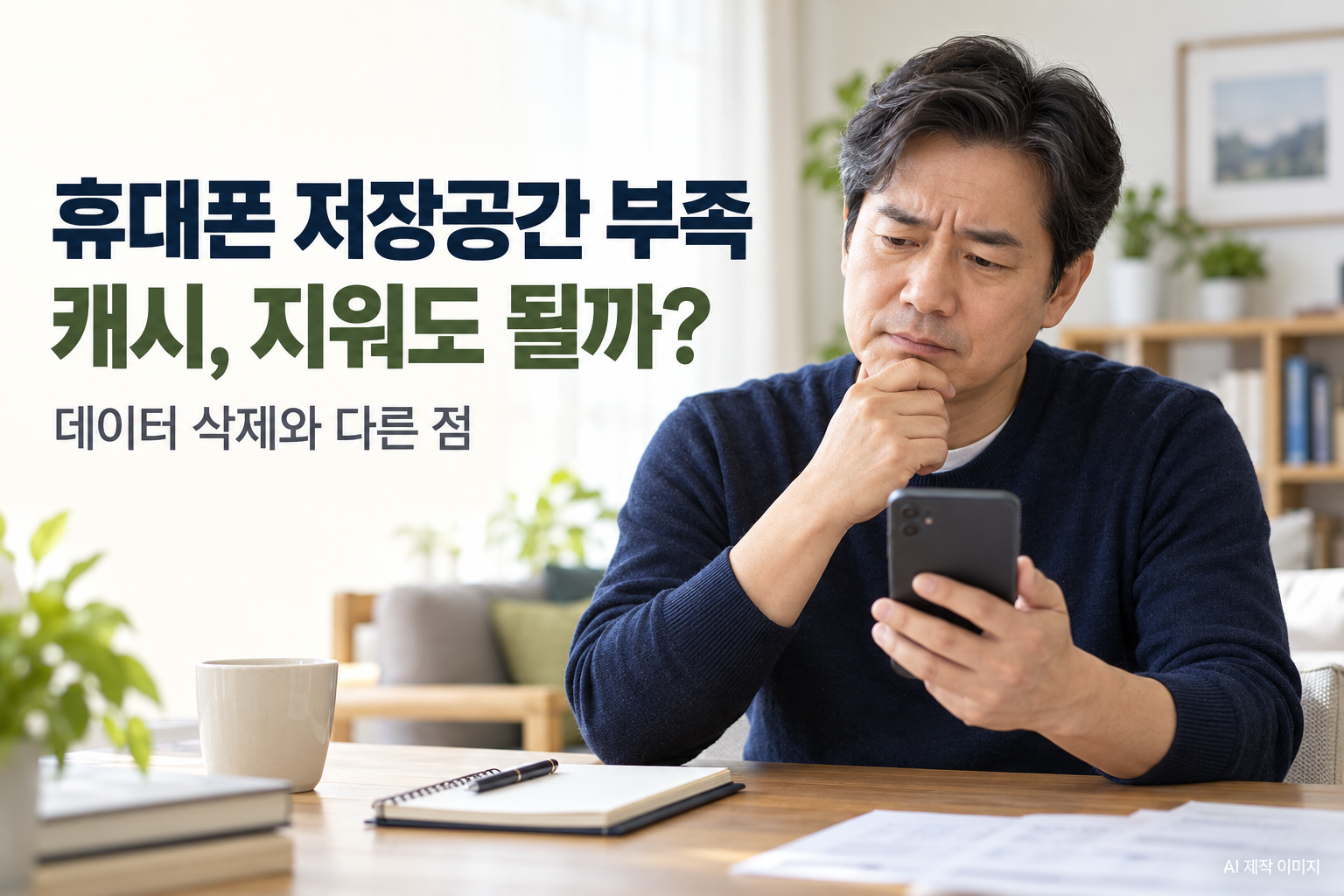 휴대폰 저장공간 부족으로 캐시와 데이터 삭제 방법을 고민하는 남성