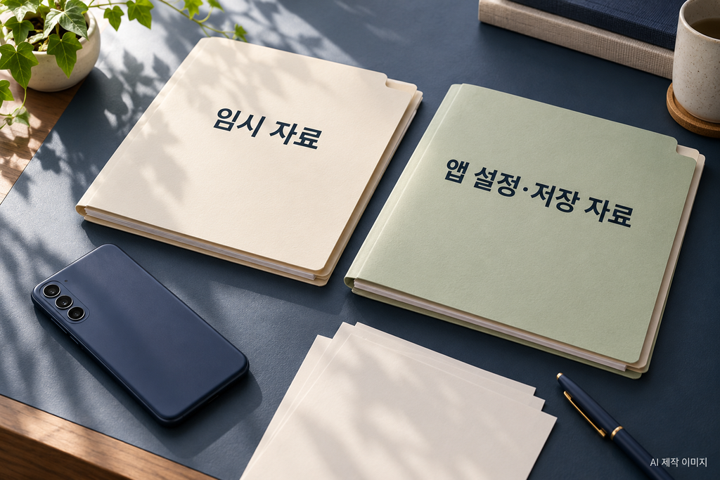 캐시인 임시 자료와 앱 설정·저장 자료의 차이를 폴더로 표현한 이미지
