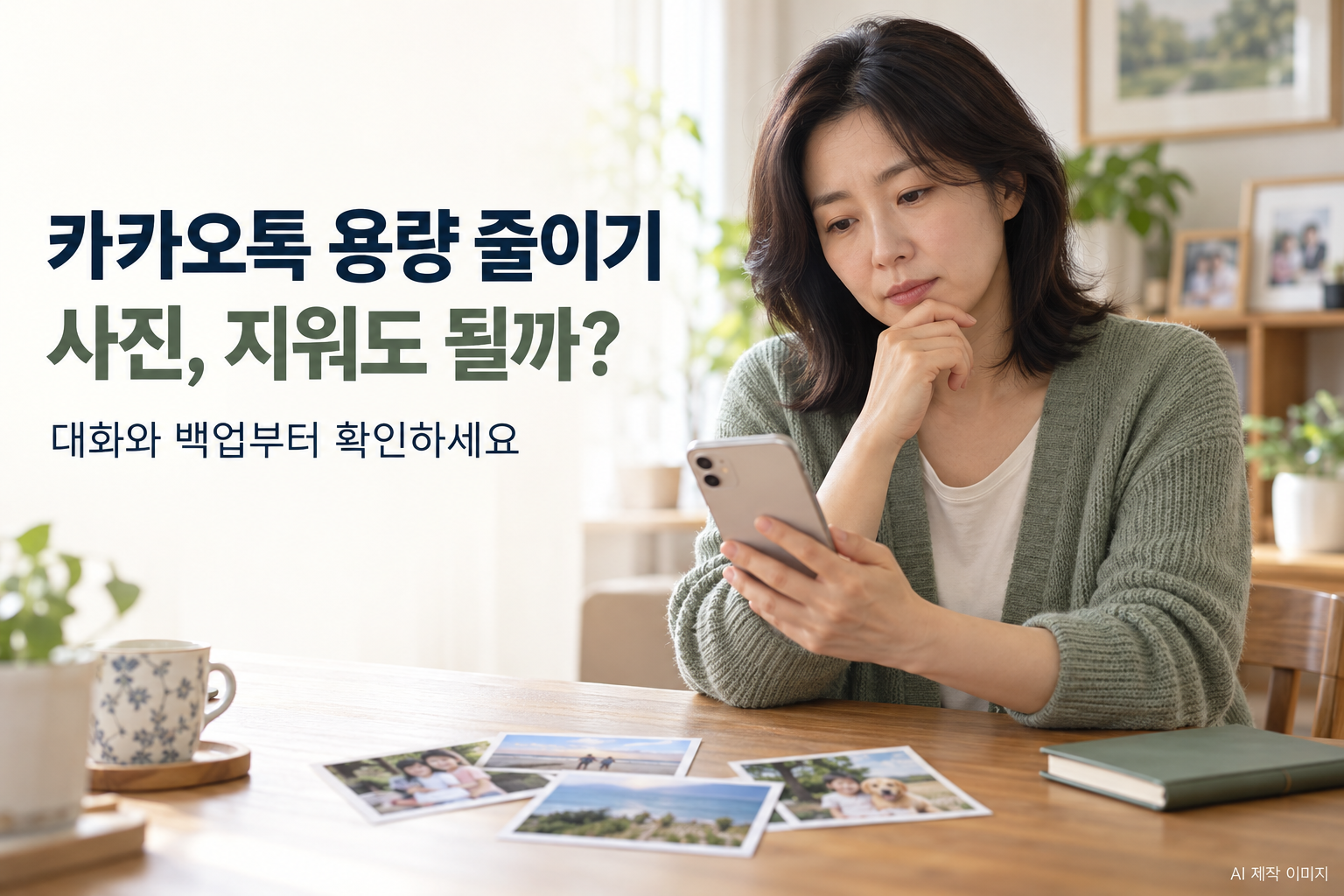카카오톡 용량을 줄이기 전 사진과 대화의 백업 여부를 고민하는 모습