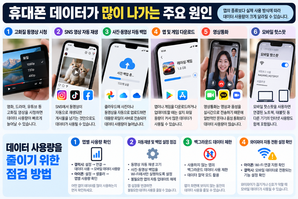 휴대폰 데이터 사용량이 갑자기 늘어나는 6가지 원인과 앱별 사용량 확인, 백그라운드 데이터 제한 및 절약 방법