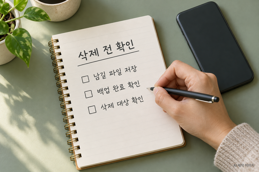 카카오톡 자료 삭제 전 남길 파일 저장과 백업 완료, 삭제 대상을 확인하는 목록