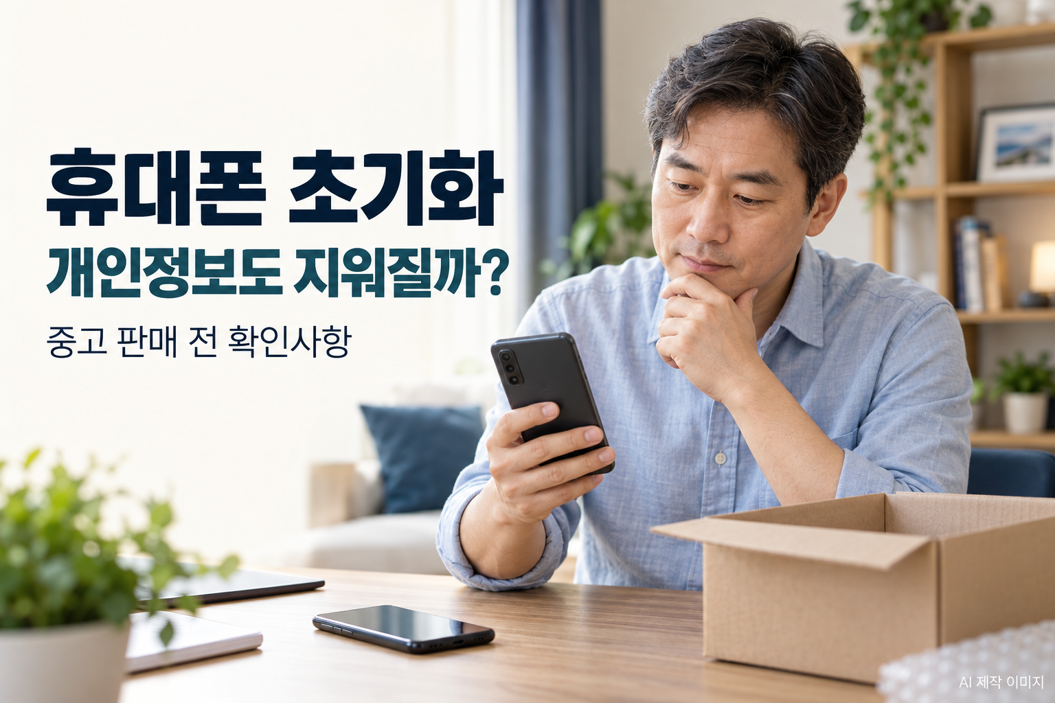 중고 판매를 앞두고 휴대폰 초기화와 개인정보 삭제 여부를 확인하는 남성