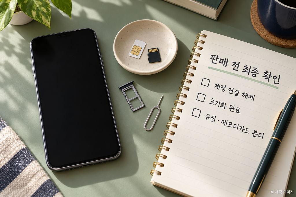 중고폰 판매 전 계정 연결 해제와 초기화 완료, 유심·메모리카드 분리를 확인하는 목록