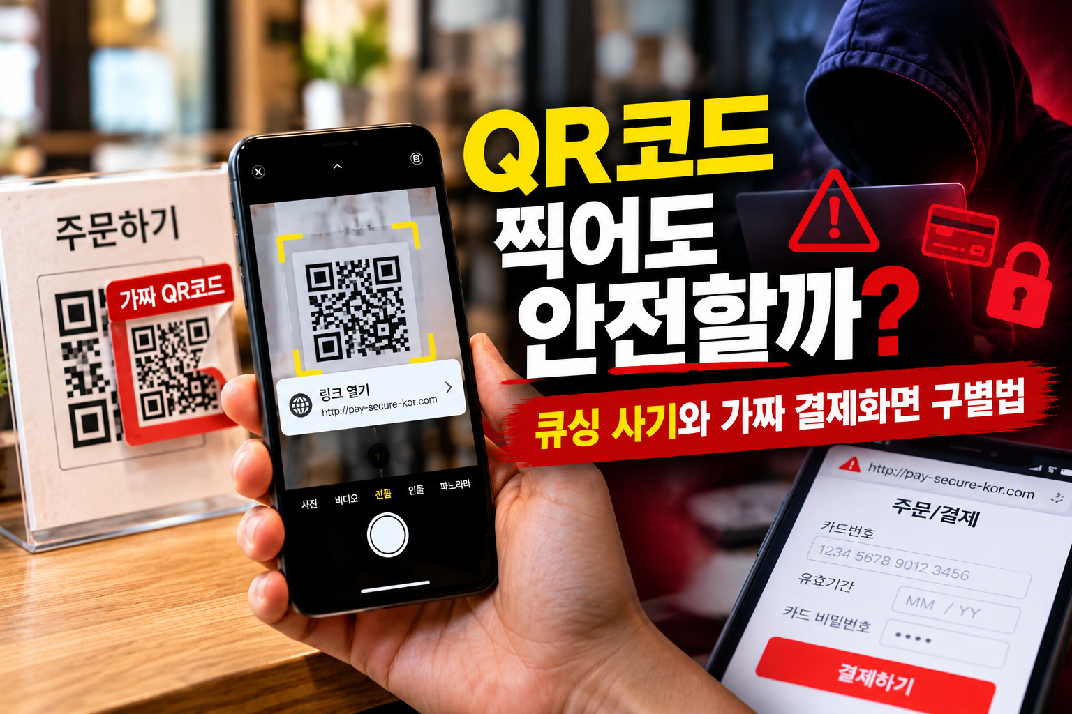 QR코드 사기와 큐싱 수법, 가짜 QR코드 스티커 및 결제화면 위험을 설명하는 이미지