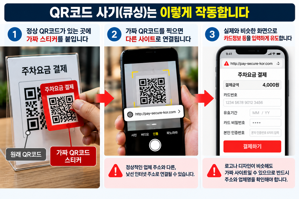 QR코드 사기 큐싱의 3단계 수법, 가짜 QR코드 스티커 부착부터 악성 사이트 연결과 카드정보 입력 유도까지