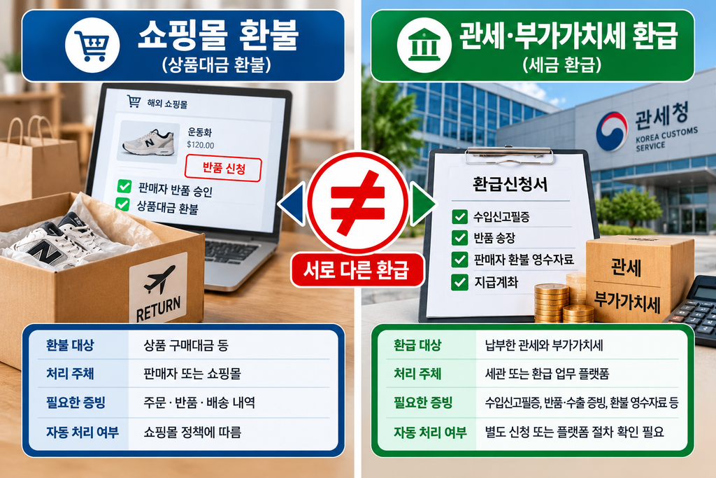 해외직구 관세 환급 시 쇼핑몰 상품대금 환불과 관세·부가가치세 환급의 차이 및 필요 서류 비교