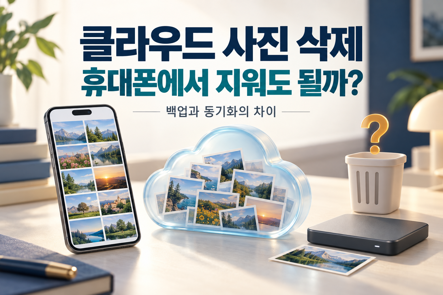 클라우드 사진 삭제 전 백업과 동기화의 차이를 확인하는 개념 이미지