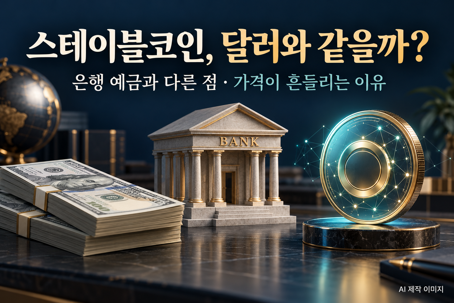 스테이블코인 뜻과 달러·은행 예금의 차이를 표현한 달러 지폐, 은행 모형, 디지털 토큰